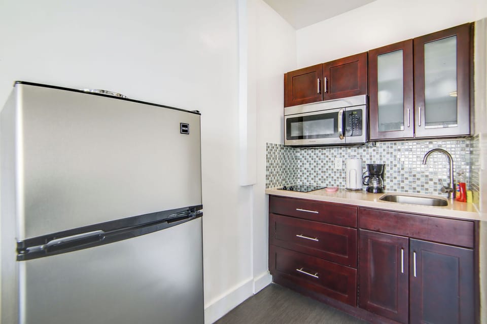 Standard Apartment | Private kitchen | Full-size fridge, microwave, stovetop, freezer