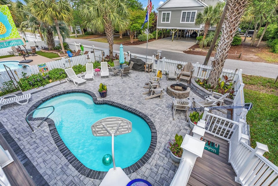 backyard and pool & fire pit .