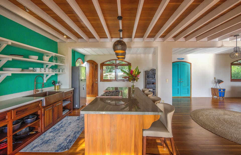 Modern open kitchen with sightlines to the exterior and living room.