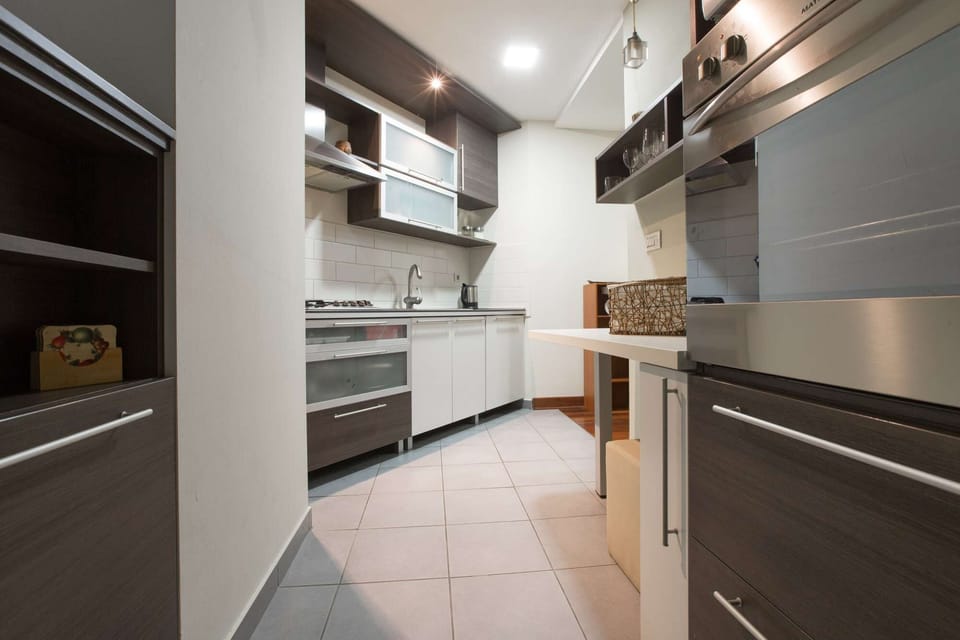 Fully equipped kitchen with big fridge, microwave dishwasher and oven