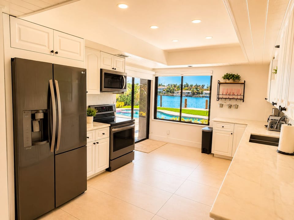 Bright waterfront kitchen with pool views and modern appliances