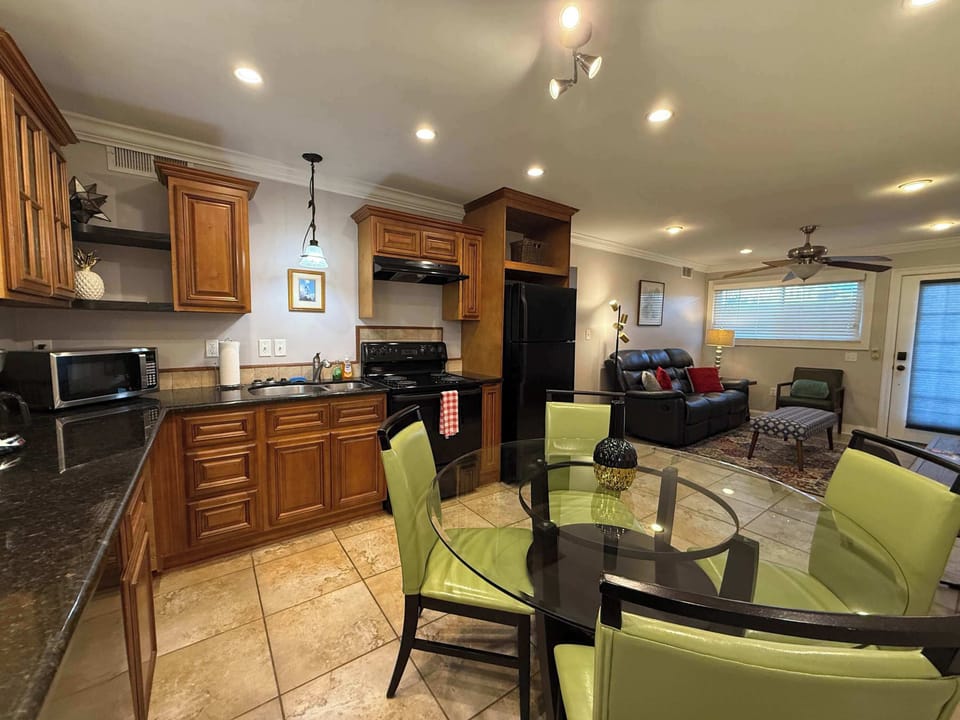 Dishwasher & soap, oven, microwave, pots & pans, cookware, plates bowls cups and utensils