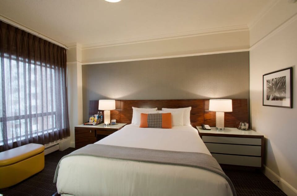 Stylish premium room with a plush queen bed, offering a blend of comfort and chic urban design.