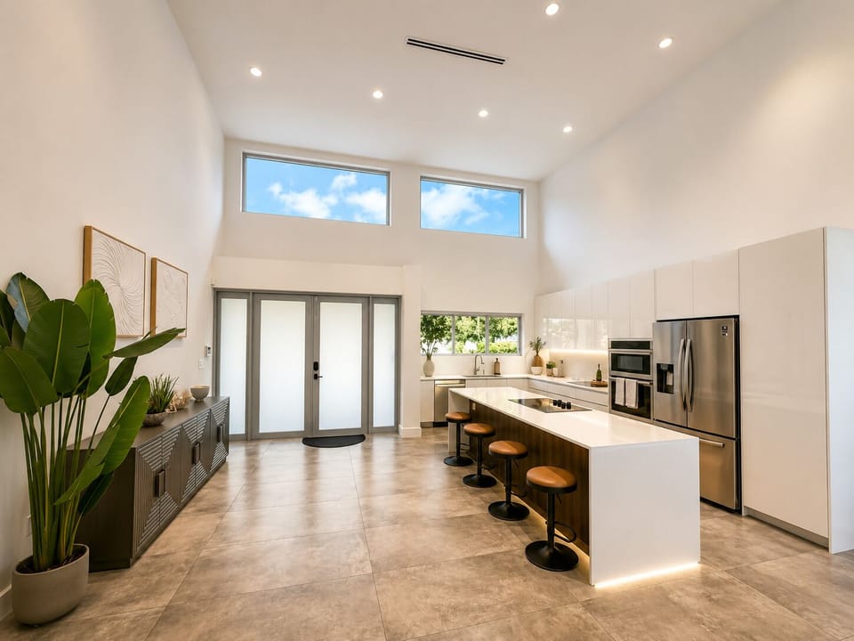 Bright modern kitchen with soaring ceilings and sleek island seating