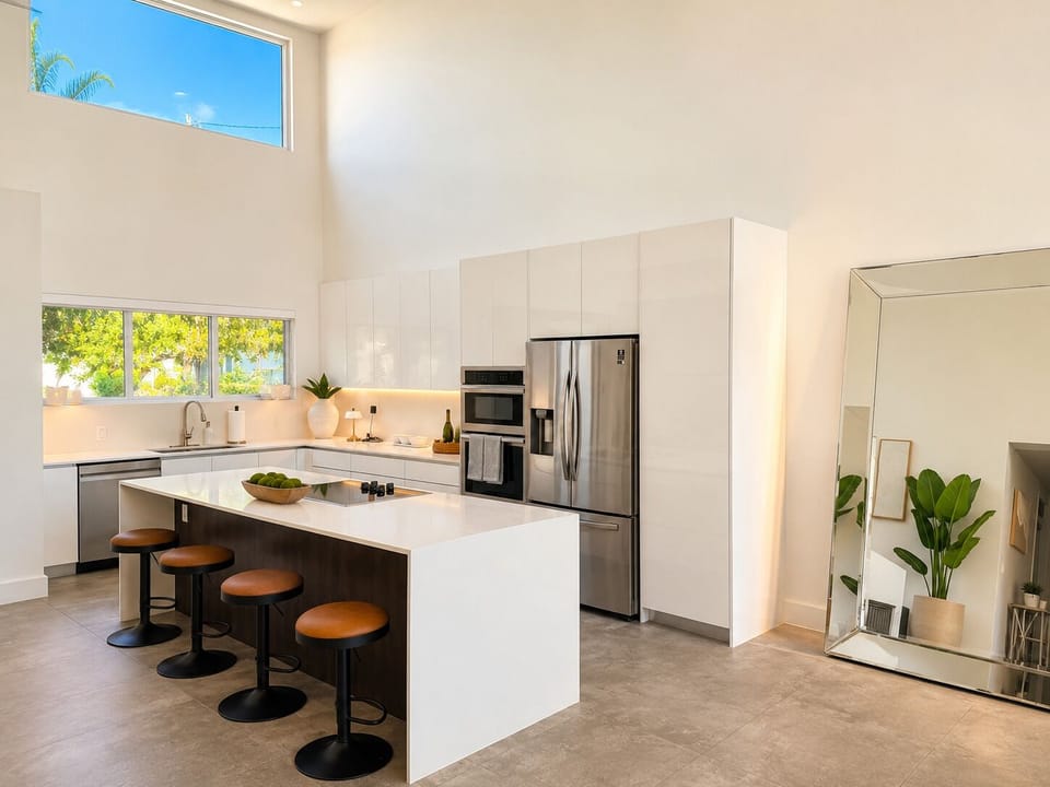 Bright designer kitchen with vaulted ceilings and island seating for four