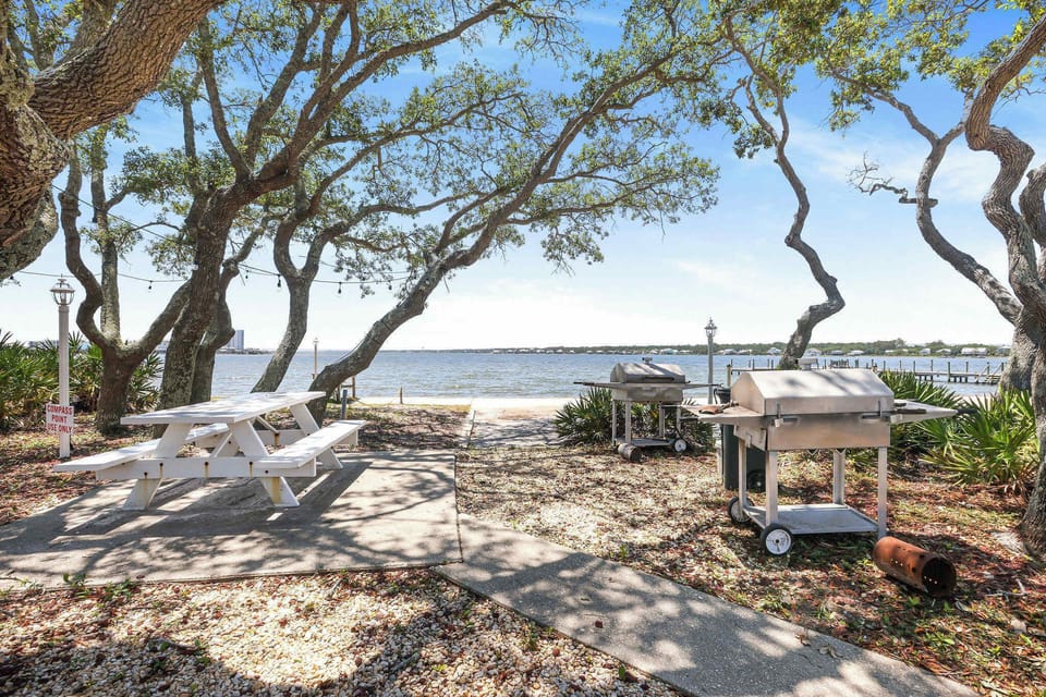 waterfront BBQ area with picnic table