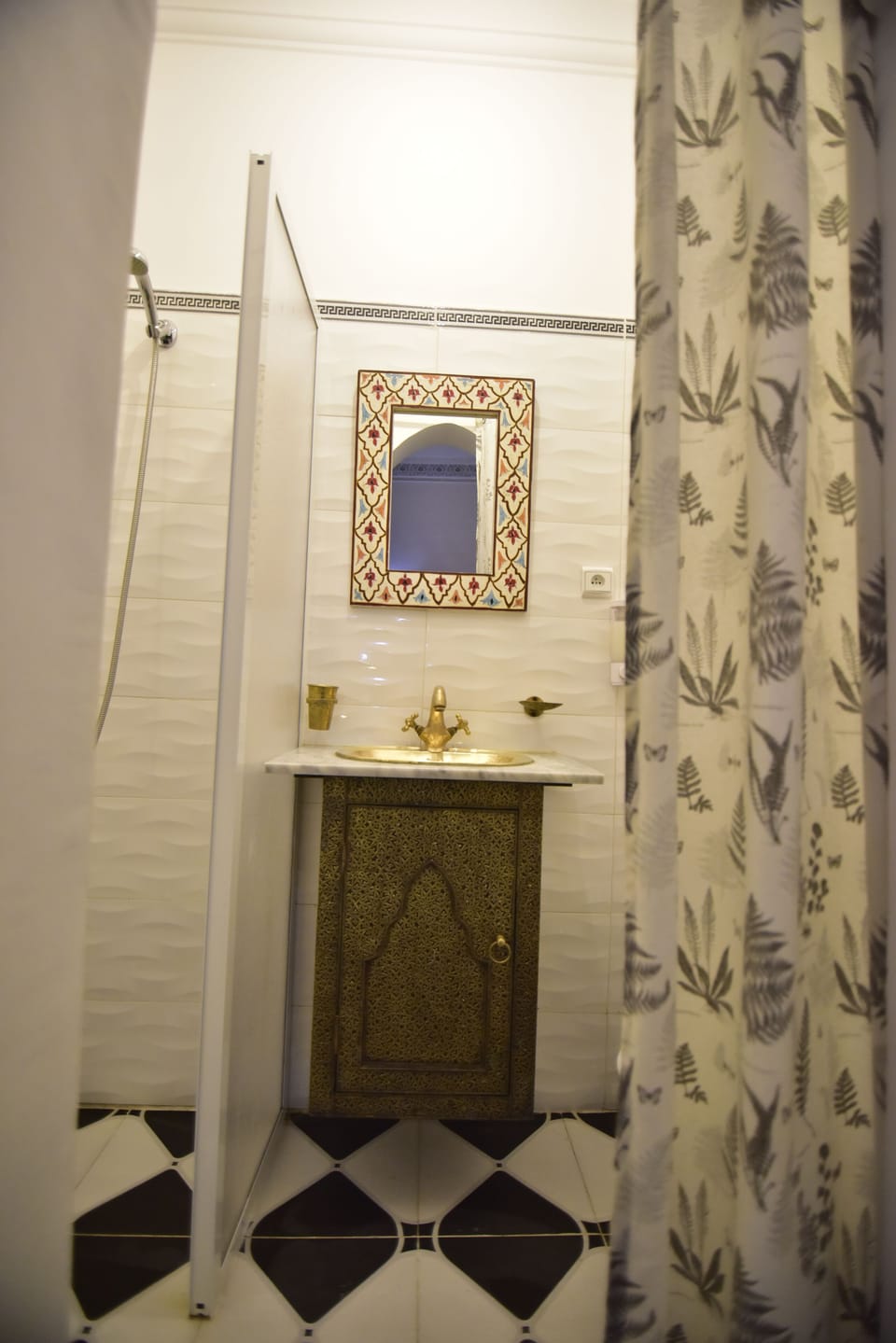 Shower, rainfall showerhead, hair dryer, bathrobes