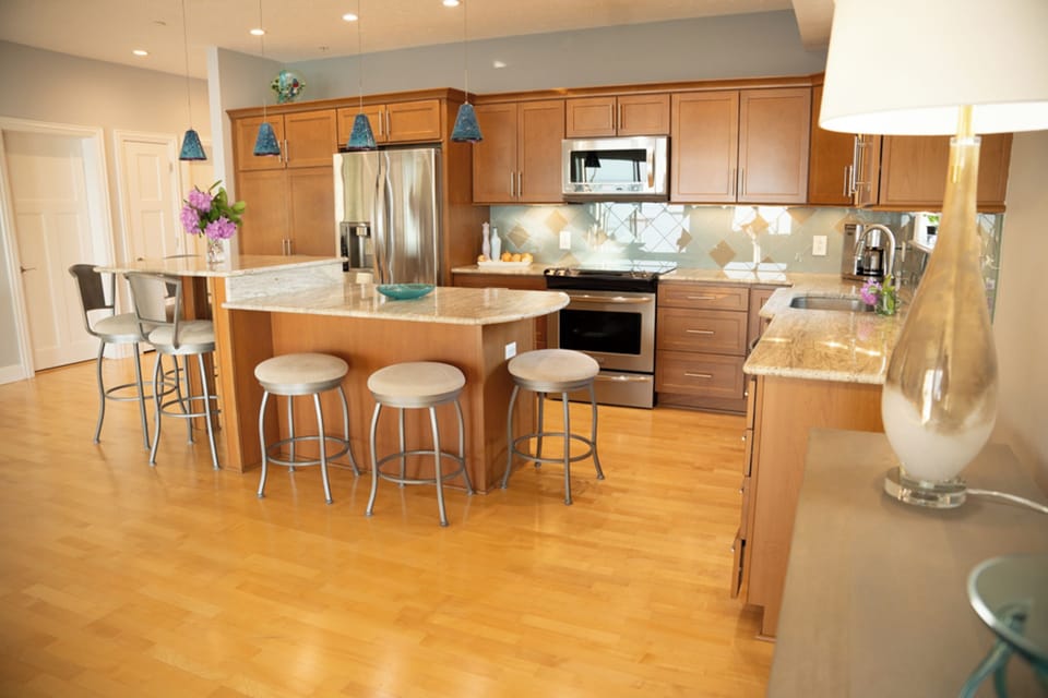 Stainless steel kitchen with both keurig and 10 cup drip coffee pot.