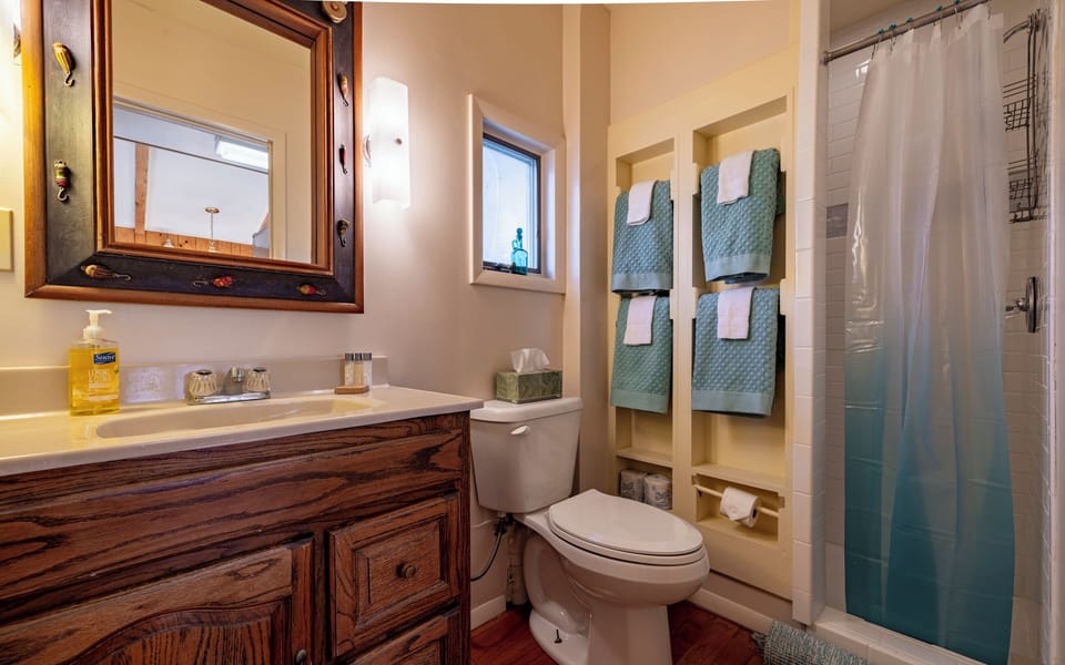 The bathroom feathers a step in shower