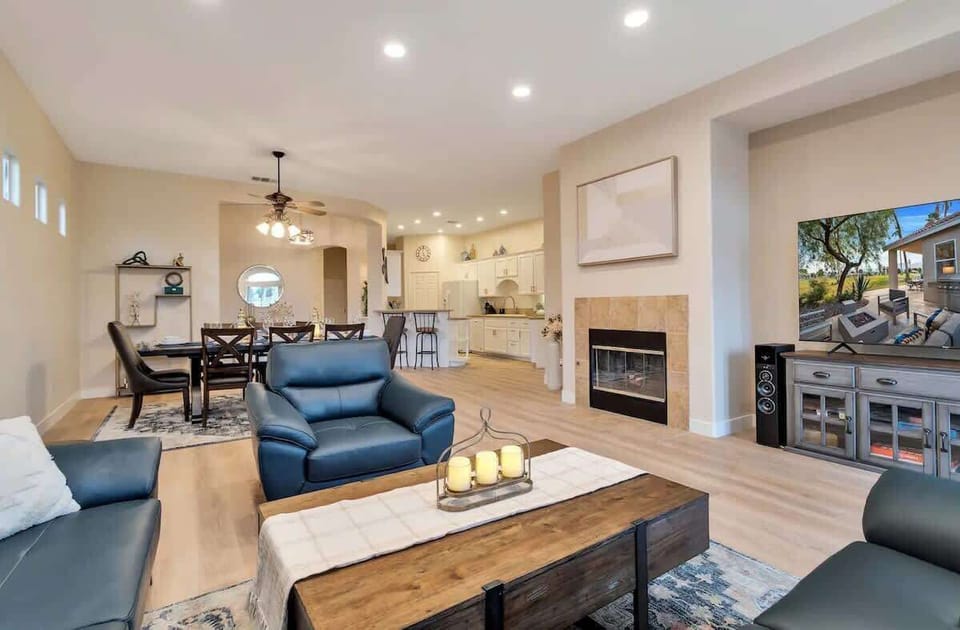 Spacious living room with a big TV.