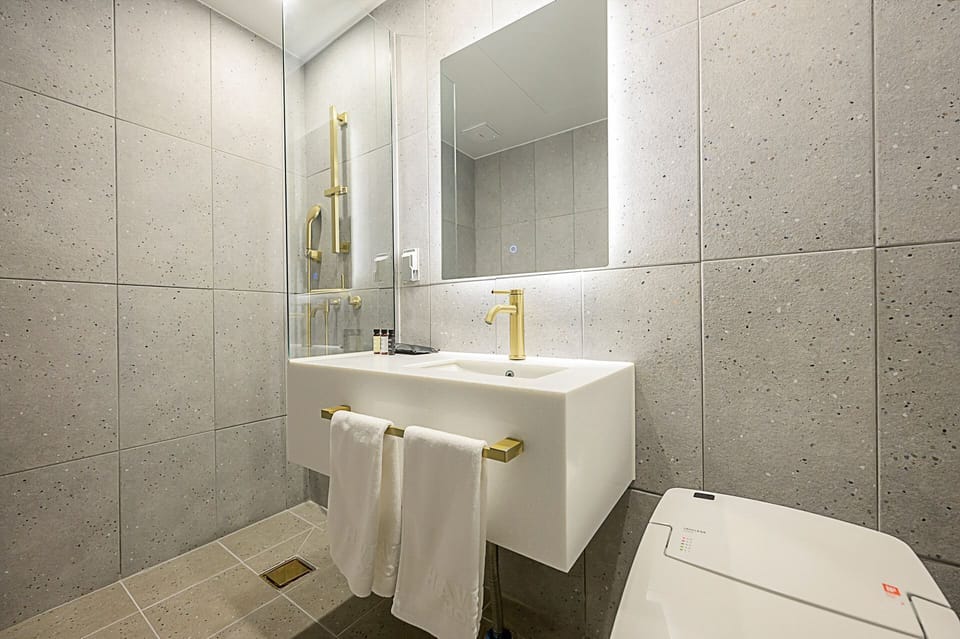 Designer toiletries, hair dryer, bathrobes, bidet