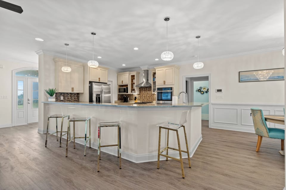 The kitchen counter provides additional space for serving snacks or meals.