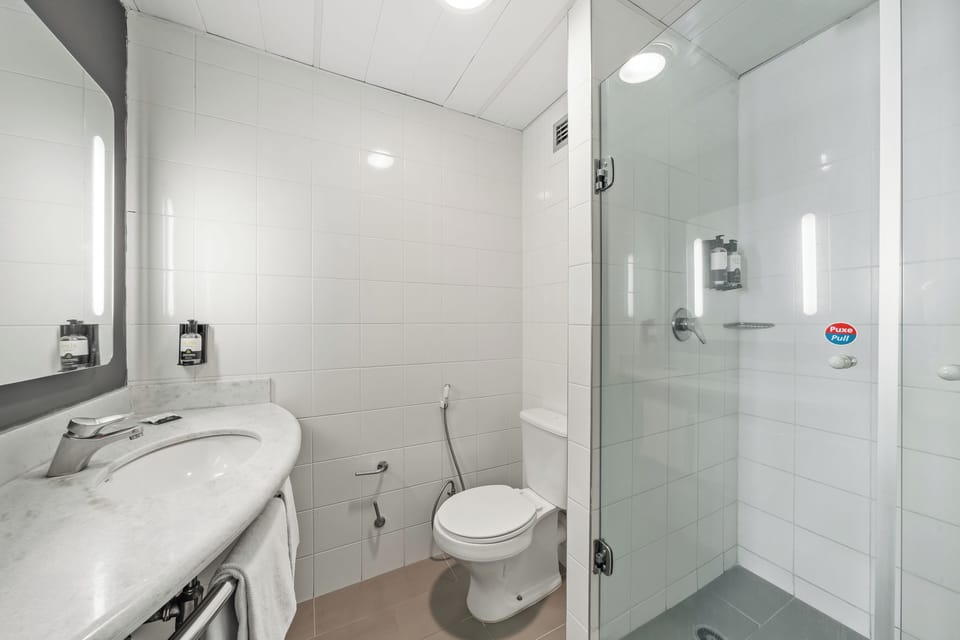 Hair dryer, towels, soap, shampoo