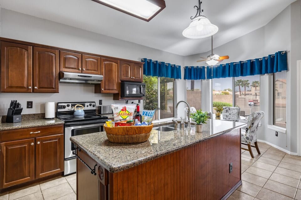 Large kitchen island with breakfast seating