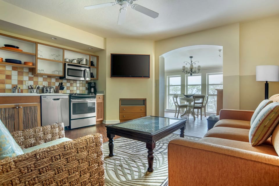 Flat-screen TV, DVD player, iPod dock, books