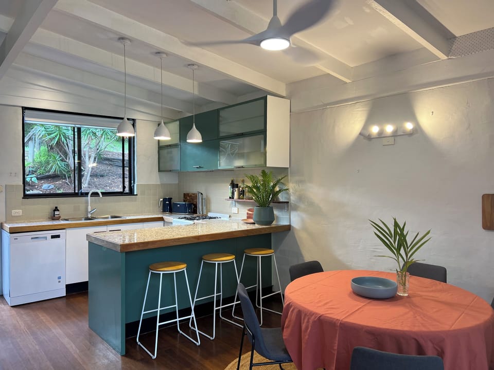 Breakfast bar, dishwasher, good sized fridge/freezer and microwave.