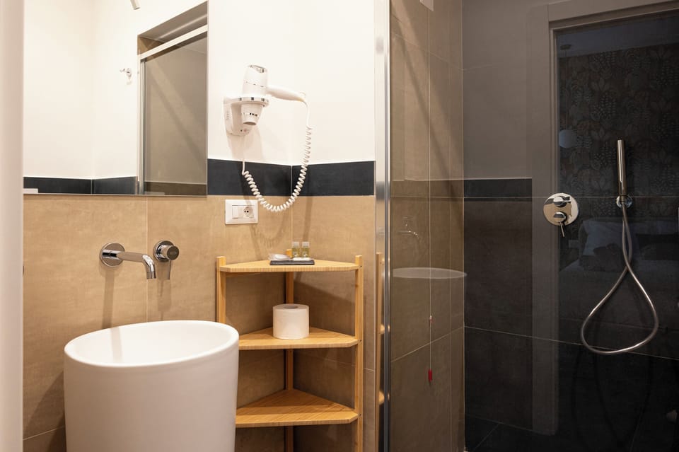 Shower, hair dryer, bathrobes, towels