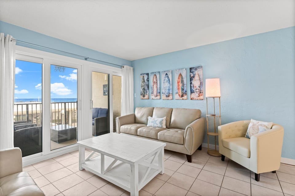 spacious living room with beach views