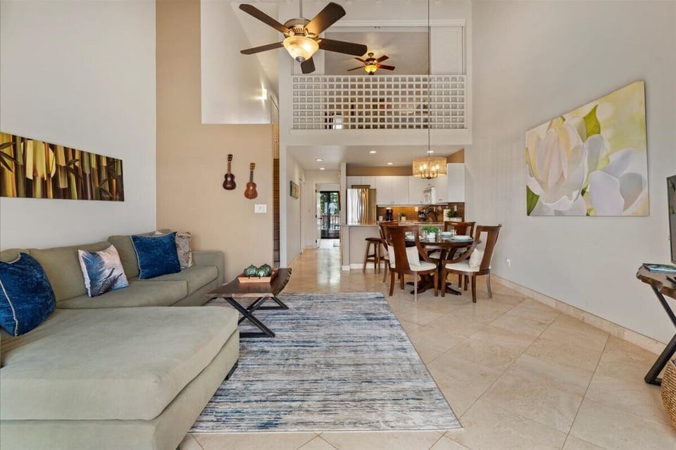 High ceilings with a loft type of bedroom upstairs