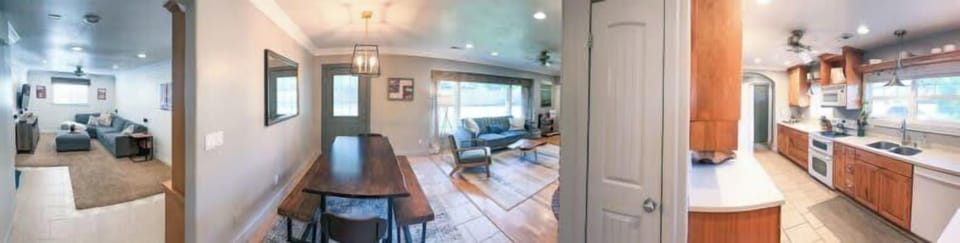 Spacious open-concept living, dining, and kitchen areas perfect for family gatherings at Green Oasis in Kanab, UT.