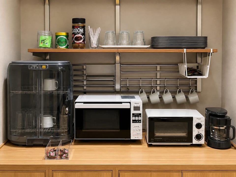 Espresso maker, coffee/tea maker, shared fridge, shared microwave