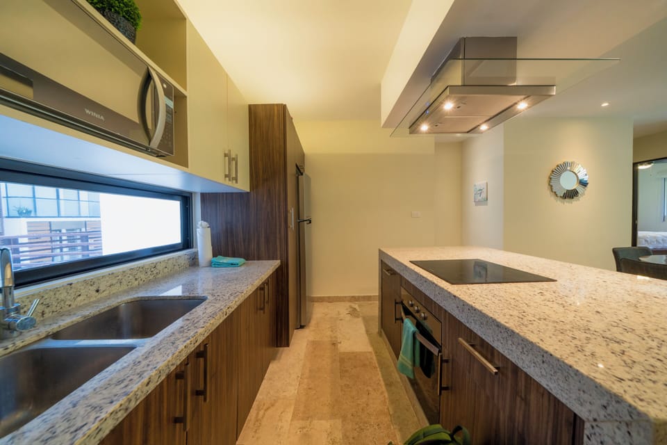 Deluxe Condo | Private kitchen | Fridge, microwave, toaster, blender