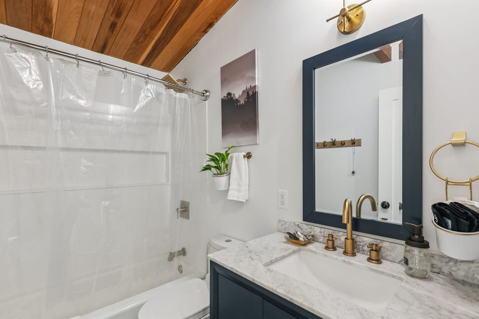 A large bathroom with tub and shower combo with chic brass fixtures make getting ready for an evening out a pleasure.