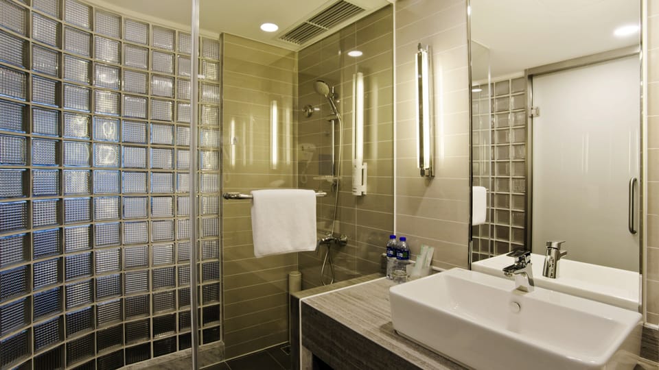 Shower, hair dryer, slippers, towels