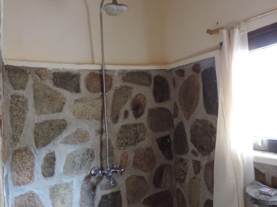 Shower, rainfall showerhead, towels, soap