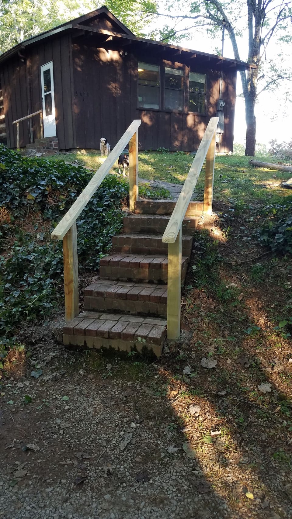 Steps up from driveway.