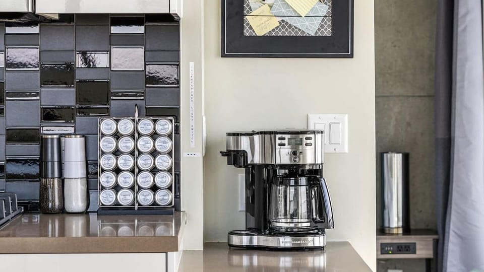 From a well stocked spice rack and seasoning, to a coffee station with a dual function coffee maker- Both single cups and full pots are possible, no Plastic Cups or frustration of finding your blend

Welcome to Flavor Town!