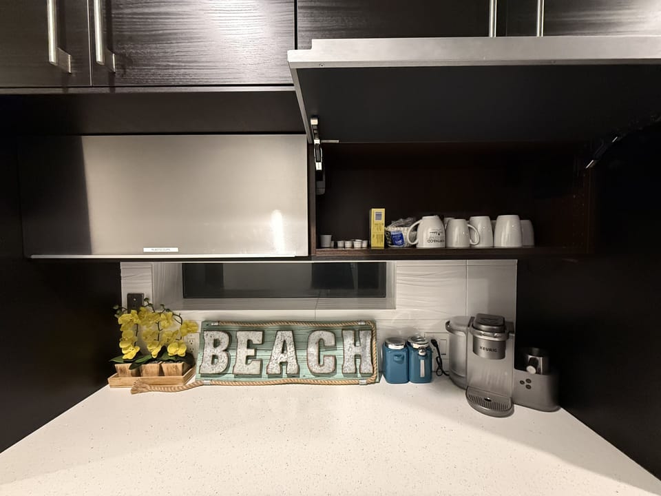 Coffee station with pods and grounds.