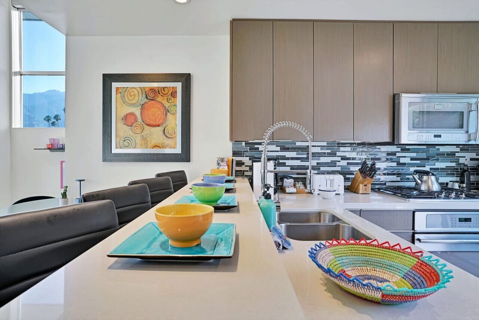 Modern kitchen with colorful dishware