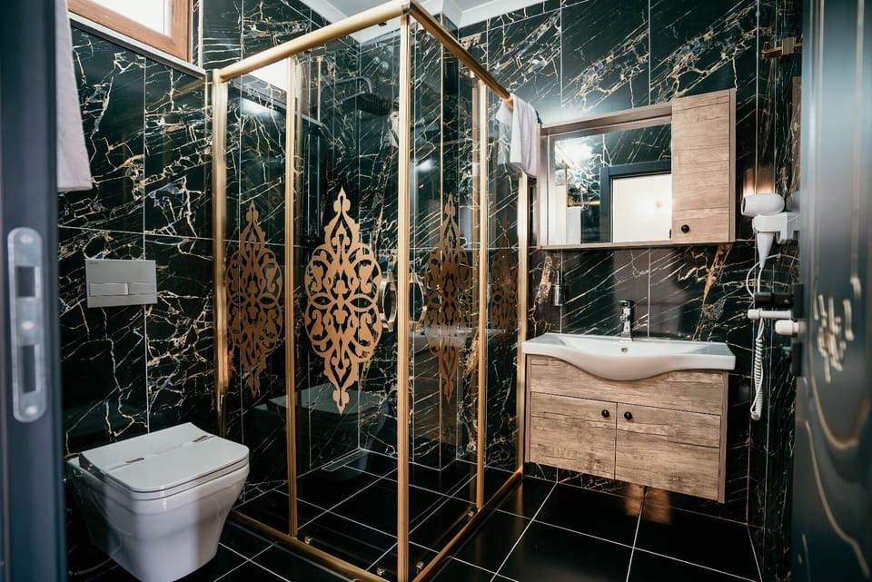 Shower, rainfall showerhead, hair dryer, bathrobes