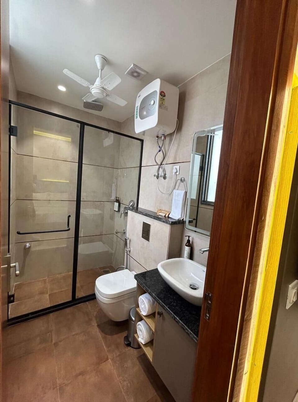 Shower, free toiletries, hair dryer, slippers