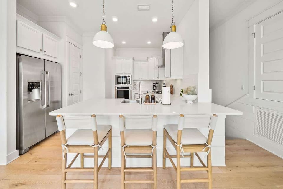 Large kitchen island with seating for 3.