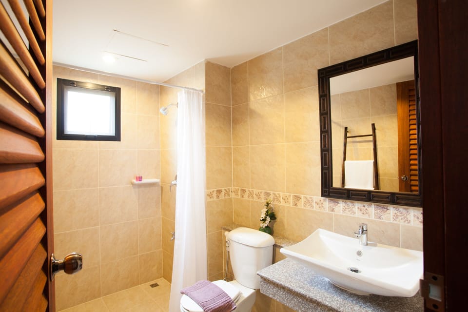 Shower, free toiletries, hair dryer, slippers