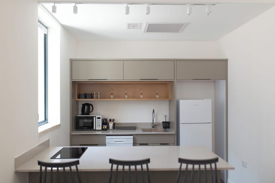 Luxury Studio, City View | Private kitchen | Full-size fridge, microwave, dishwasher, cookware/dishes/utensils