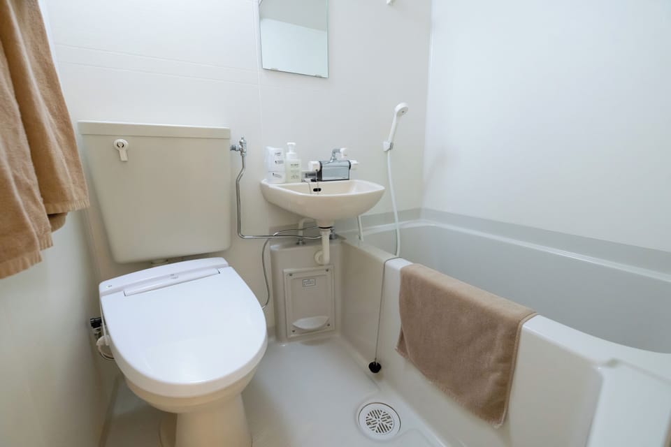 Combined shower/tub, hair dryer, slippers, towels