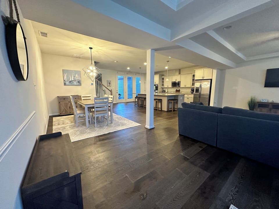 Dining room, kitchen, living room.