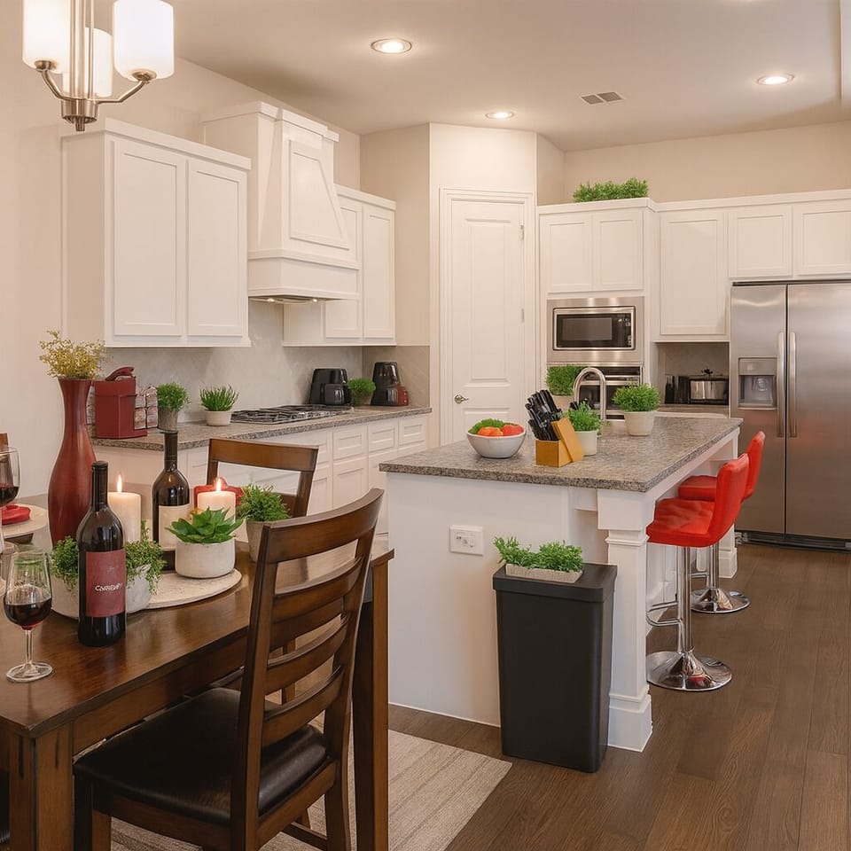 Open kitchen with island seating and a cozy dining table