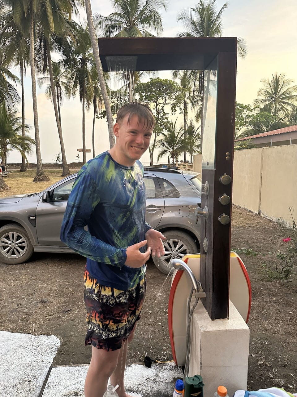 Outdoor shower, he is 6-2, so the shower can accommodate taller guests. 