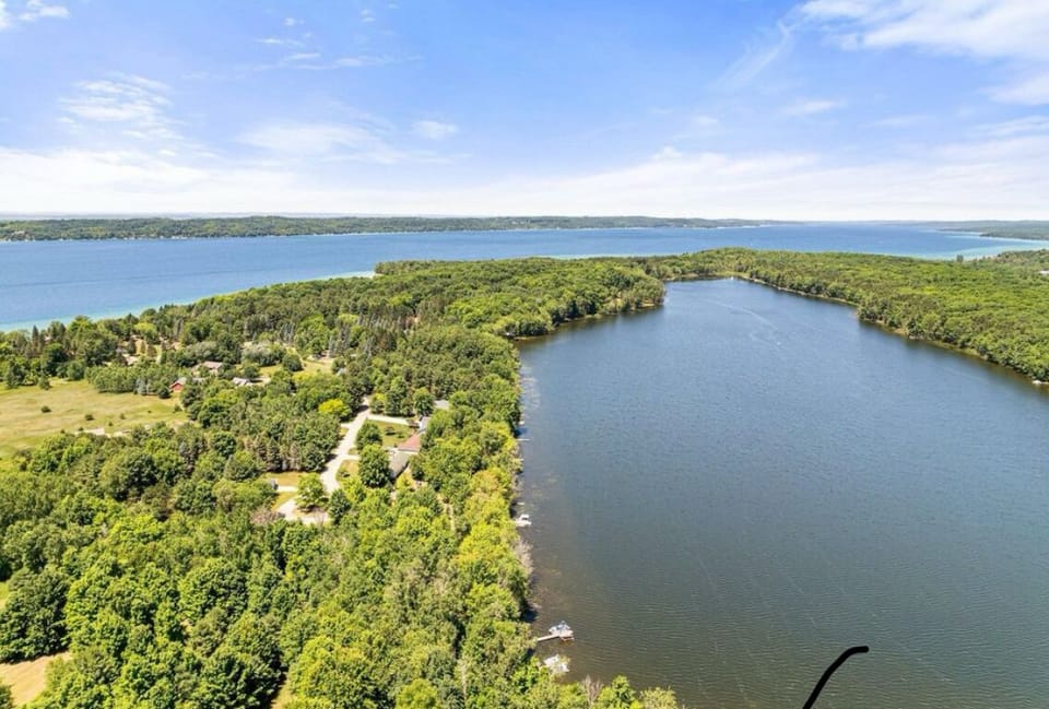 Aerial view of torch Lake and Thayer Lake