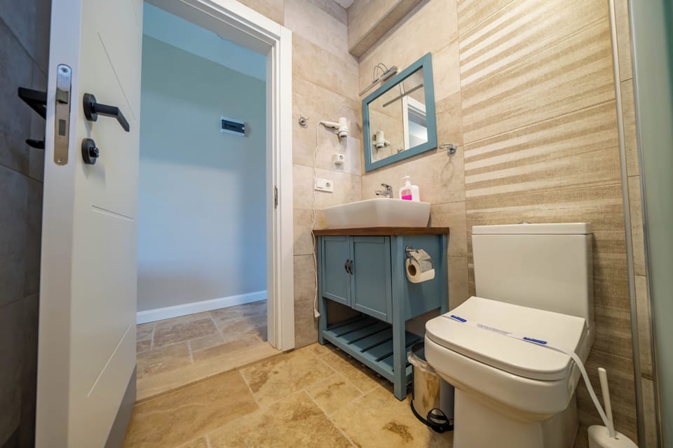 Shower, rainfall showerhead, hair dryer, slippers
