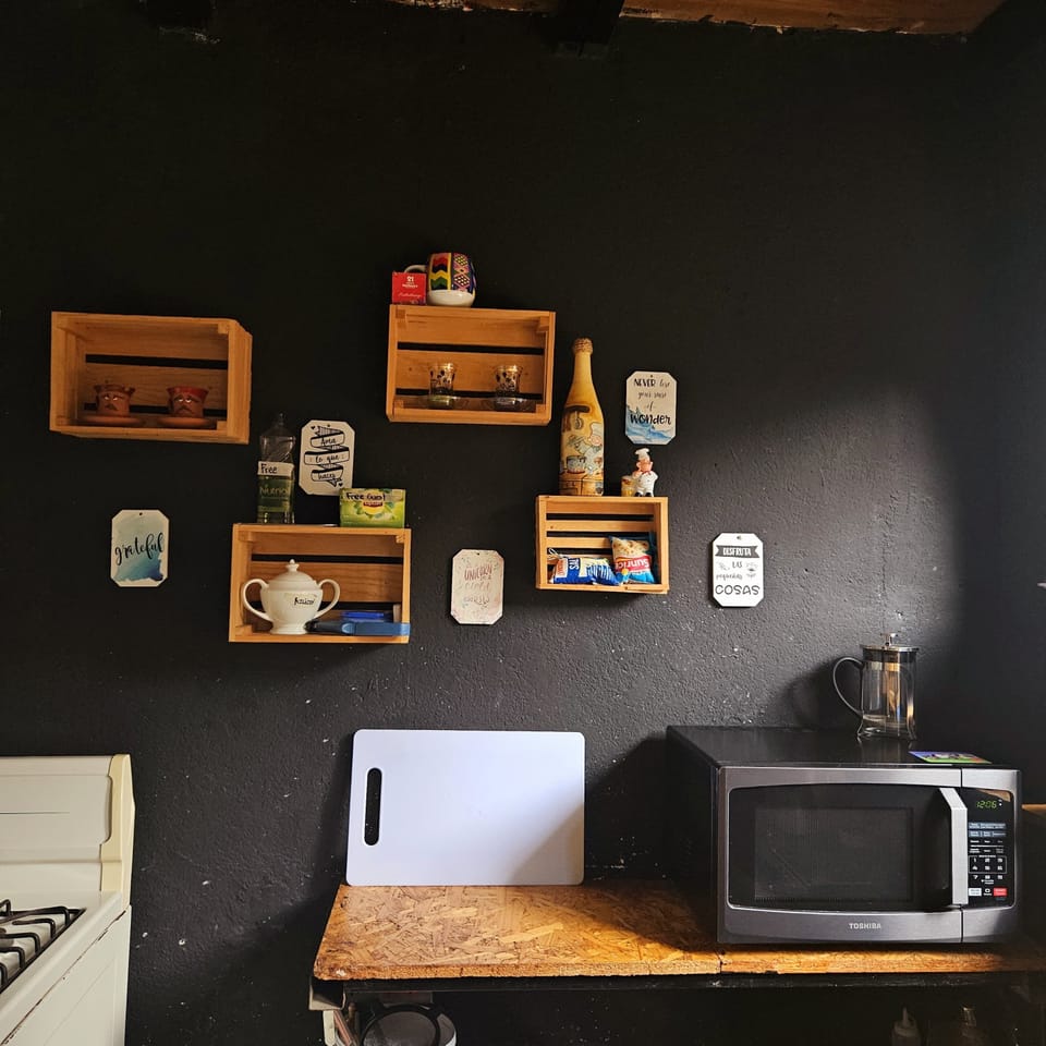 Microwave, oven, blender, cookware/dishes/utensils