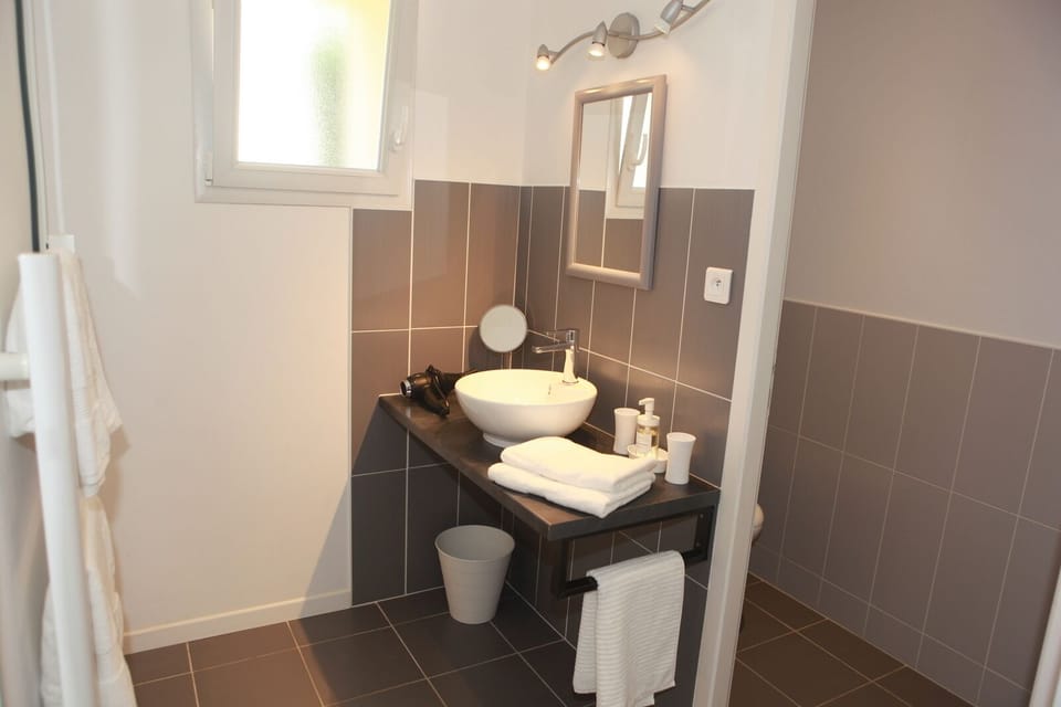 Shower, hydromassage showerhead, free toiletries, hair dryer