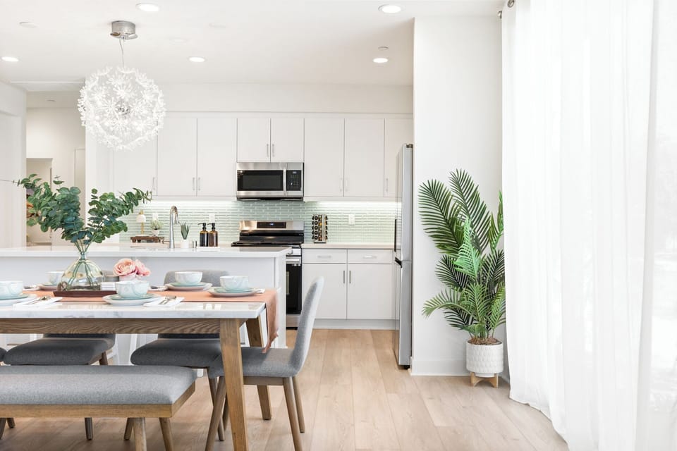 Kitchen and dining area blend smoothly for a relaxed feel.
