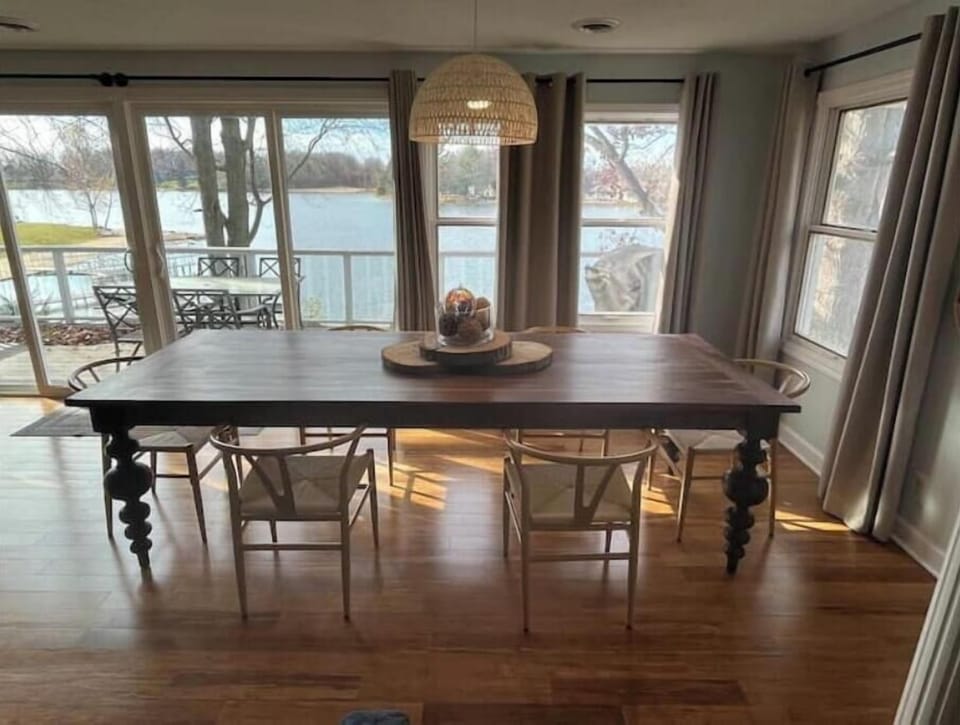 Large dining space with views of the water.