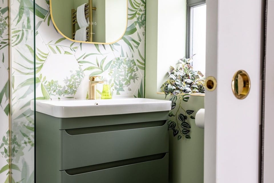 Stylish en-suite bathroom detail, designer new build holiday home sleeping eight in Llanfaelog, Anglesey