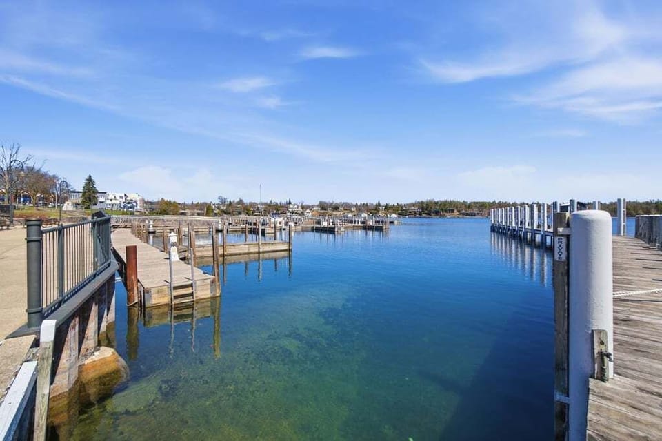 The Charlevoix city marina sits a one-minute walk from the loft, with Lake Michigan through the drawbridge.
